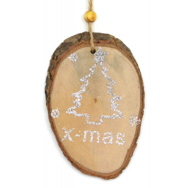 Χριστουγεννιάτικoς Κορμός Ξύλου, με Ασημί Δεντράκι και "X-MAS" (12cm)